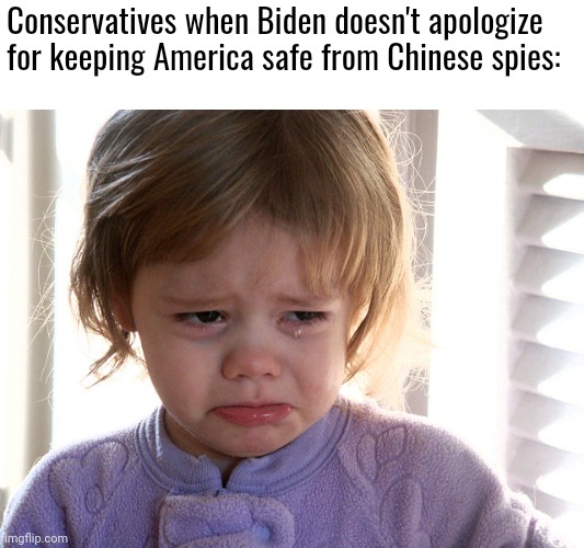 Did you get your daily dose of trumptard tears today ? | Conservatives when Biden doesn't apologize for keeping America safe from Chinese spies: | image tagged in crying girl,scumbag republicans,terrorists,terrorism,white trash | made w/ Imgflip meme maker