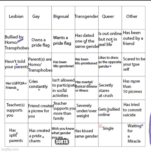 LGBTQIA+ Bingo!! | SORTA | image tagged in lgbtqia bingo | made w/ Imgflip meme maker