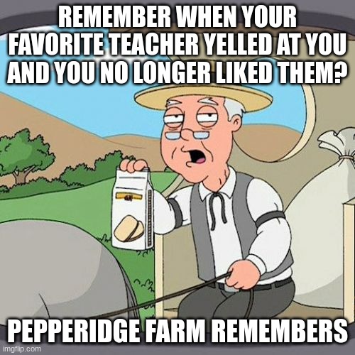 relatable | REMEMBER WHEN YOUR FAVORITE TEACHER YELLED AT YOU AND YOU NO LONGER LIKED THEM? PEPPERIDGE FARM REMEMBERS | image tagged in memes,pepperidge farm remembers | made w/ Imgflip meme maker