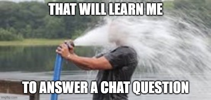 Drinking from a Fire Hose | THAT WILL LEARN ME; TO ANSWER A CHAT QUESTION | image tagged in drinking from a fire hose | made w/ Imgflip meme maker