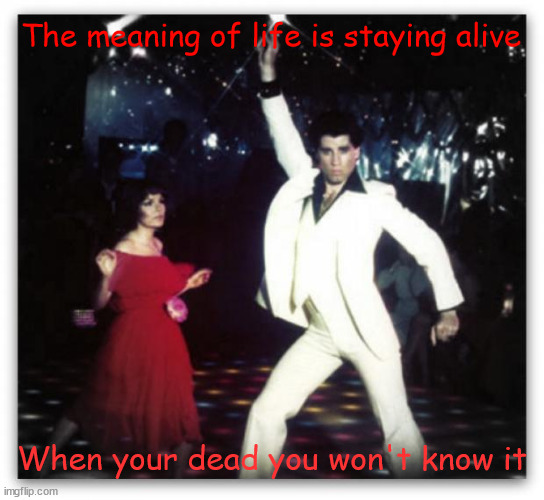 Staying alive | The meaning of life is staying alive When your dead you won't know it | image tagged in staying alive | made w/ Imgflip meme maker
