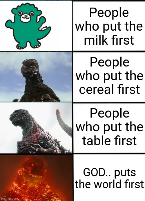 People on imgflip arguing about cereal | People who put the milk first; People who put the cereal first; People who put the table first; GOD.. puts the world first | image tagged in strength of godzilla 4-panel | made w/ Imgflip meme maker