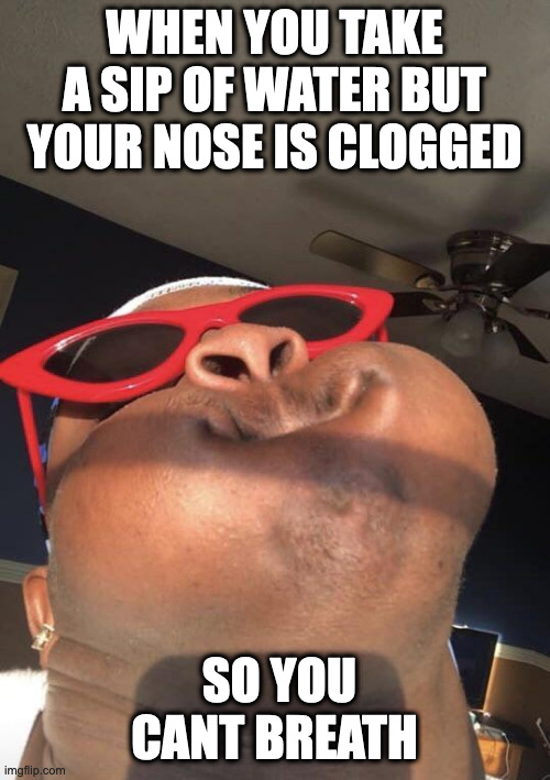 CANT BREATHE | WHEN YOU TAKE A SIP OF WATER BUT YOUR NOSE IS CLOGGED; SO YOU CANT BREATH | image tagged in big winnn holding breath | made w/ Imgflip meme maker