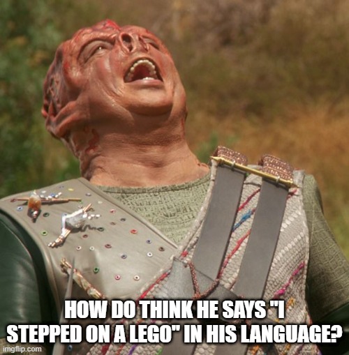 Tiny Brock Hurts So Much | HOW DO THINK HE SAYS "I STEPPED ON A LEGO" IN HIS LANGUAGE? | image tagged in star trek dathon | made w/ Imgflip meme maker