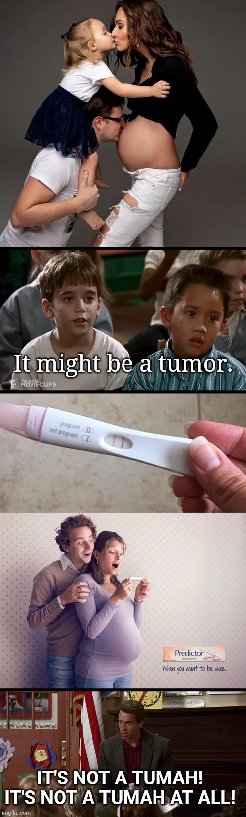 Don't test my patience. | It might be a tumor. IT'S NOT A TUMAH! IT'S NOT A TUMAH AT ALL! | image tagged in pregnancy | made w/ Imgflip meme maker