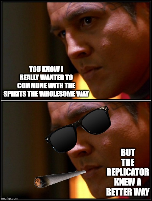 Schmokotay | YOU KNOW I REALLY WANTED TO COMMUNE WITH THE SPIRITS THE WHOLESOME WAY; BUT THE REPLICATOR KNEW A BETTER WAY | image tagged in star trek voyager chakotay | made w/ Imgflip meme maker