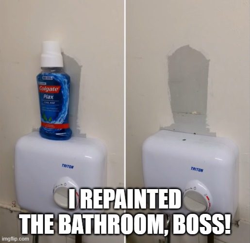 I REPAINTED THE BATHROOM, BOSS! | image tagged in paint,mouthwash,fail | made w/ Imgflip meme maker