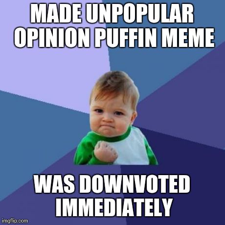 Success Kid | MADE UNPOPULAR OPINION PUFFIN MEME WAS DOWNVOTED IMMEDIATELY | image tagged in memes,success kid,AdviceAnimals | made w/ Imgflip meme maker