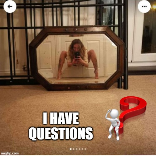 Mirror for Sale | I HAVE QUESTIONS | image tagged in unsee juice | made w/ Imgflip meme maker