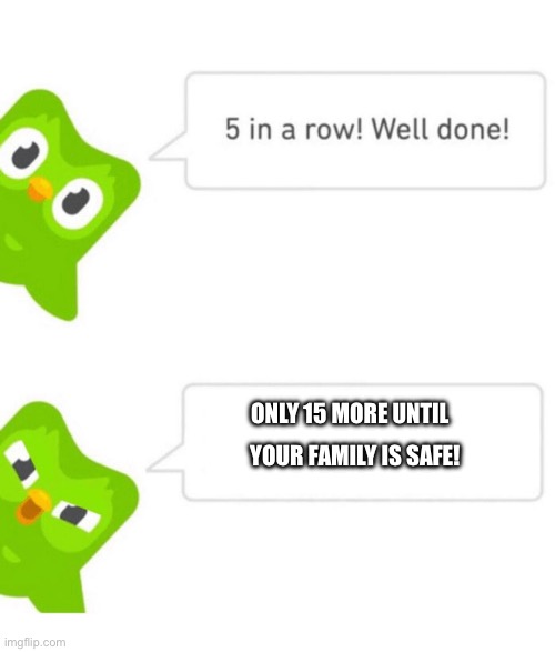 Duolingo 5 in a row | ONLY 15 MORE UNTIL; YOUR FAMILY IS SAFE! | image tagged in duolingo 5 in a row | made w/ Imgflip meme maker