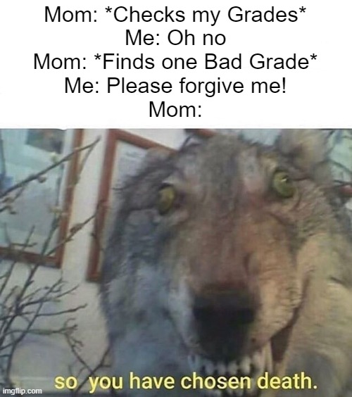 One bad Grade? TIME FOR THE BELT! | Mom: *Checks my Grades*
Me: Oh no
Mom: *Finds one Bad Grade*
Me: Please forgive me!
Mom: | image tagged in so you have chosen death,bad grades,memes,so true memes,relatable memes,moms | made w/ Imgflip meme maker