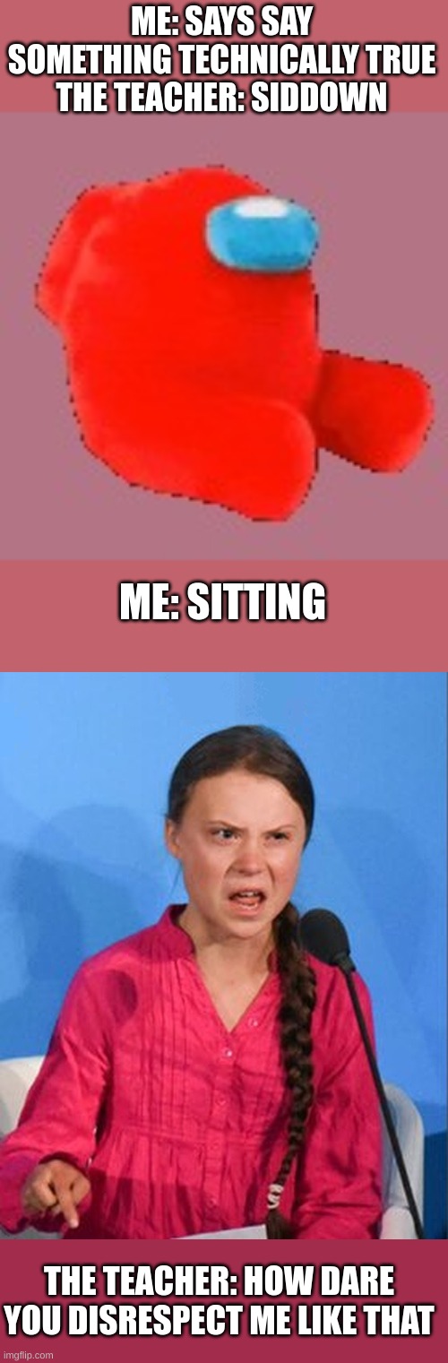 My classmates sometimes say siddown when im already sitting | ME: SAYS SAY SOMETHING TECHNICALLY TRUE
THE TEACHER: SIDDOWN; ME: SITTING; THE TEACHER: HOW DARE YOU DISRESPECT ME LIKE THAT | image tagged in amogus plush,greta thunberg how dare you | made w/ Imgflip meme maker
