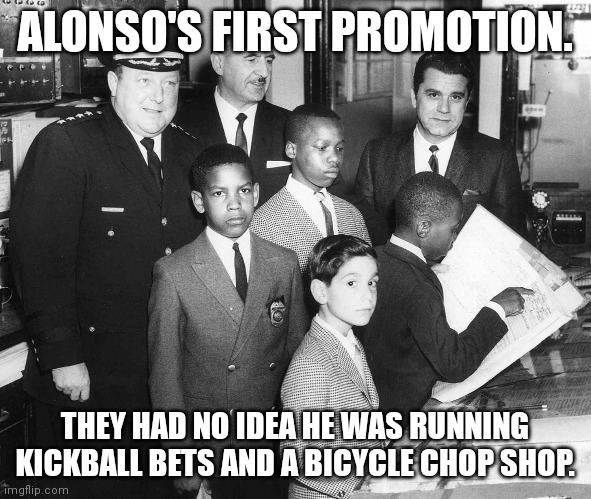 Training Daycare | ALONSO'S FIRST PROMOTION. THEY HAD NO IDEA HE WAS RUNNING KICKBALL BETS AND A BICYCLE CHOP SHOP. | image tagged in denzel training day,denzel washington,young denzel washington,denzel washington childhood photo | made w/ Imgflip meme maker