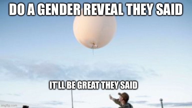 Weather balloon | DO A GENDER REVEAL THEY SAID; IT’LL BE GREAT THEY SAID | image tagged in spyballoon,weatherballoon,funny,genderreveal | made w/ Imgflip meme maker