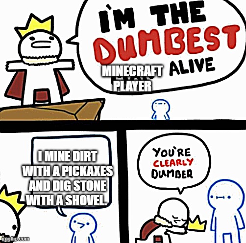 Dumest minecraft player alive | MINECRAFT PLAYER; I MINE DIRT WITH A PICKAXES AND DIG STONE WITH A SHOVEL. | image tagged in dumbest man alive | made w/ Imgflip meme maker