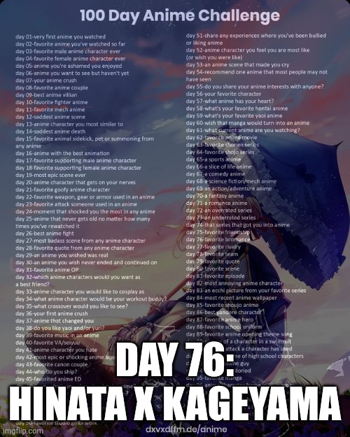 :) | DAY 76: HINATA X KAGEYAMA | image tagged in 100 day anime challenge | made w/ Imgflip meme maker