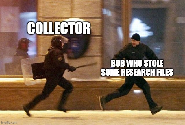 bob: AAAAAAAAAAAAAAAAAAAAAAAAAAAAAAAAAAAAA | COLLECTOR; BOB WHO STOLE SOME RESEARCH FILES | image tagged in police chasing guy | made w/ Imgflip meme maker