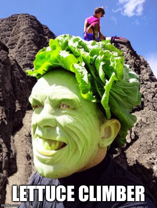 Imagine a bag over his head | LETTUCE CLIMBER | image tagged in lettuce | made w/ Imgflip meme maker