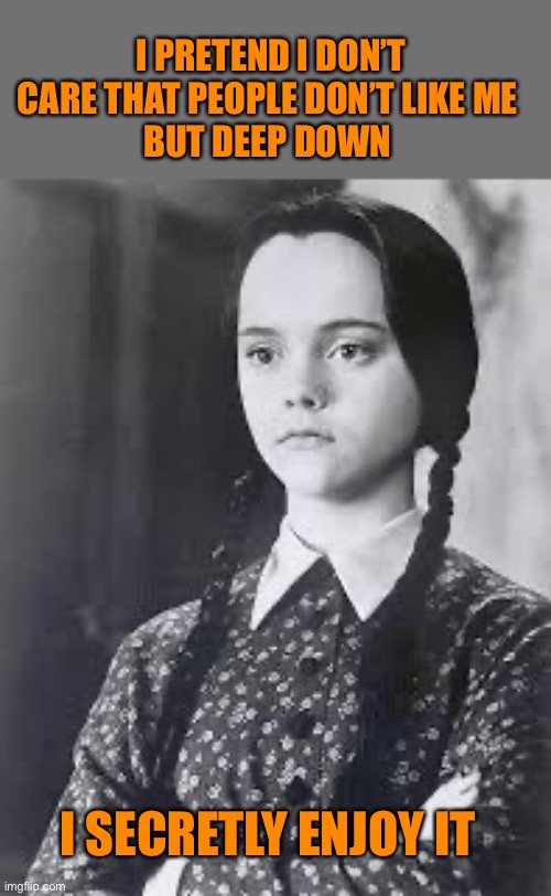 Wednesday Addams | I PRETEND I DON’T CARE THAT PEOPLE DON’T LIKE ME 
BUT DEEP DOWN I SECRETLY ENJOY IT | image tagged in wednesday addams | made w/ Imgflip meme maker