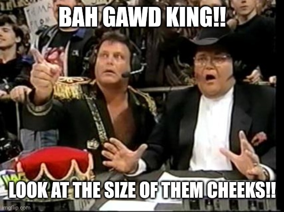 jim ross | BAH GAWD KING!! LOOK AT THE SIZE OF THEM CHEEKS!! | image tagged in jim ross | made w/ Imgflip meme maker