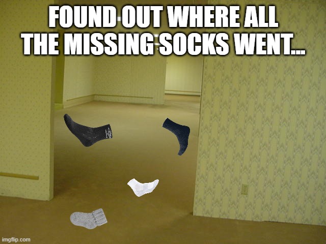 It all makes sense now... | FOUND OUT WHERE ALL THE MISSING SOCKS WENT... | image tagged in the backrooms | made w/ Imgflip meme maker