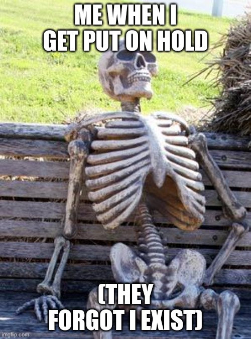 Waiting Skeleton | ME WHEN I GET PUT ON HOLD; (THEY FORGOT I EXIST) | image tagged in memes,waiting skeleton | made w/ Imgflip meme maker