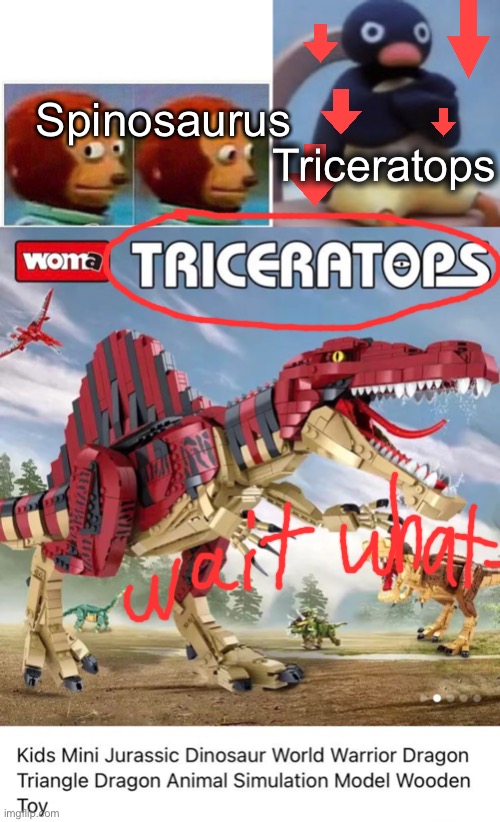 New dinosaur toy go hard! | Spinosaurus; Triceratops | image tagged in memes,monkey puppet,dinosaur,cursed image | made w/ Imgflip meme maker