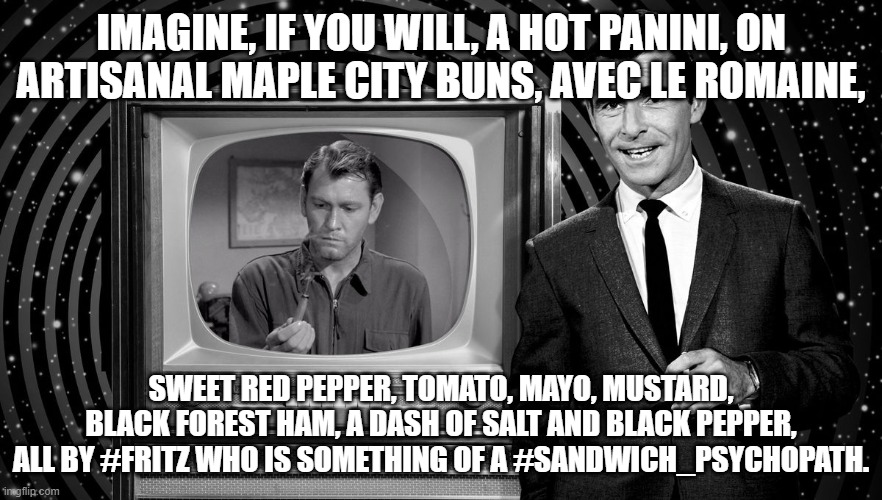 rod serling twilight zone | IMAGINE, IF YOU WILL, A HOT PANINI, ON ARTISANAL MAPLE CITY BUNS, AVEC LE ROMAINE, SWEET RED PEPPER, TOMATO, MAYO, MUSTARD, BLACK FOREST HAM, A DASH OF SALT AND BLACK PEPPER, ALL BY #FRITZ WHO IS SOMETHING OF A #SANDWICH_PSYCHOPATH. | image tagged in rod serling twilight zone | made w/ Imgflip meme maker