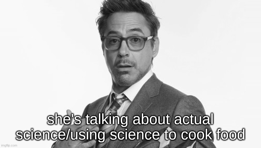 Robert Downey Jr's Comments | she's talking about actual science/using science to cook food | image tagged in robert downey jr's comments | made w/ Imgflip meme maker