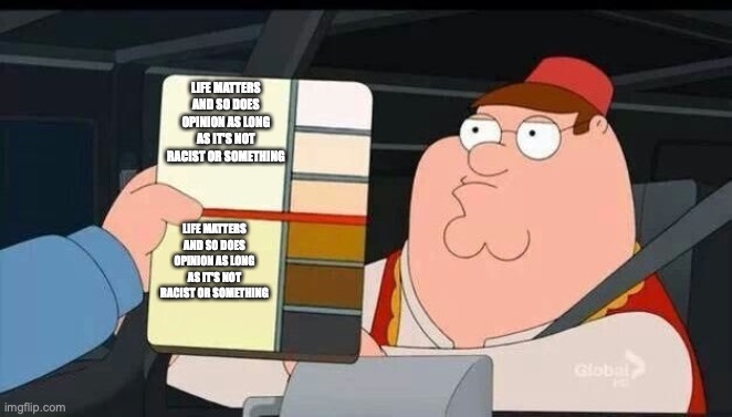 but really though | LIFE MATTERS AND SO DOES OPINION AS LONG AS IT'S NOT RACIST OR SOMETHING; LIFE MATTERS AND SO DOES OPINION AS LONG AS IT'S NOT RACIST OR SOMETHING | image tagged in peter griffin skin color chart race terrorist blank | made w/ Imgflip meme maker