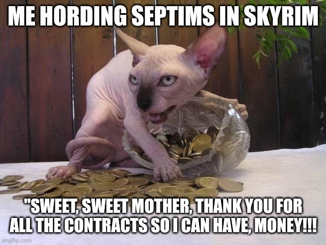 Khajiit has coin | ME HORDING SEPTIMS IN SKYRIM; "SWEET, SWEET MOTHER, THANK YOU FOR ALL THE CONTRACTS SO I CAN HAVE, MONEY!!! | image tagged in khajiit has coin | made w/ Imgflip meme maker