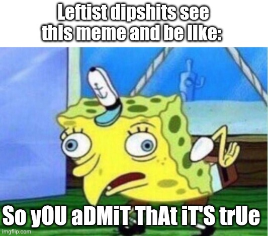Mocking Spongebob Meme | Leftist dipshits see this meme and be like: So yOU aDMiT ThAt iT'S trUe | image tagged in memes,mocking spongebob | made w/ Imgflip meme maker
