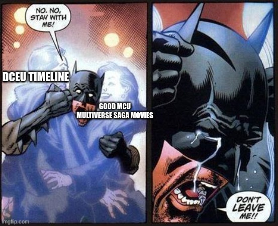 We're not ready for timeline reboot & future mixed-reviews | DCEU TIMELINE; GOOD MCU MULTIVERSE SAGA MOVIES | image tagged in batman don't leave me,dc comics,marvel | made w/ Imgflip meme maker