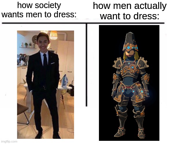 maybe swap the helmet for the hylian hood though (I really like the ancient armor) | how men actually want to dress:; how society wants men to dress: | image tagged in comparison table | made w/ Imgflip meme maker