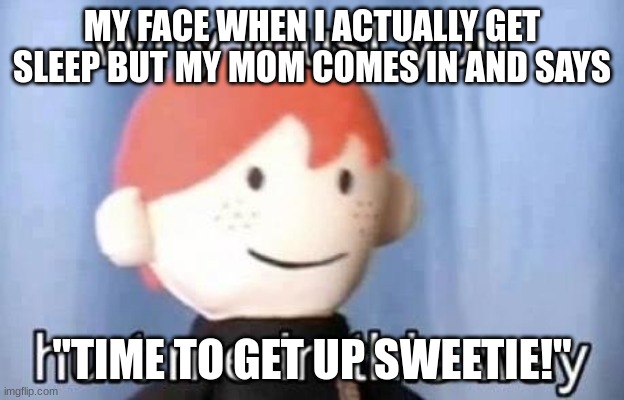 sadness noises* | MY FACE WHEN I ACTUALLY GET SLEEP BUT MY MOM COMES IN AND SAYS; "TIME TO GET UP SWEETIE!" | image tagged in why must you hurt me this way | made w/ Imgflip meme maker