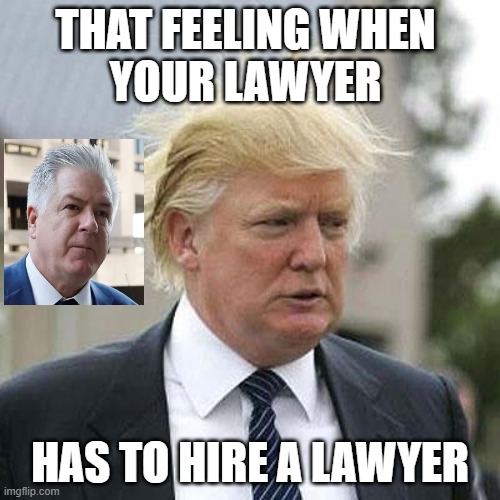 Trump lawyer hires a lawyer | THAT FEELING WHEN 
YOUR LAWYER; HAS TO HIRE A LAWYER | image tagged in donald trump | made w/ Imgflip meme maker