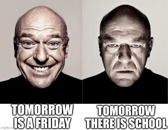 School | TOMORROW IS A FRIDAY; TOMORROW THERE IS SCHOOL | image tagged in breaking bad smile frown,back to school | made w/ Imgflip meme maker