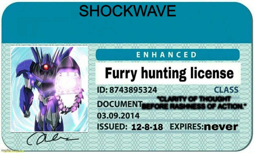 The Master of Logic finally got his liscense... | SHOCKWAVE; "CLARITY OF THOUGHT BEFORE RASHNESS OF ACTION." | image tagged in furry hunting license | made w/ Imgflip meme maker