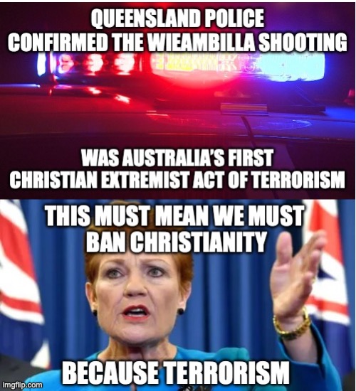Of course Pauline Hanson won’t ban Christianity because her party are the Real Terrorists | image tagged in police lights,pauline hanson angry,pauline hanson,hypocrisy,wieambilla shooting,meanwhile in australia | made w/ Imgflip meme maker