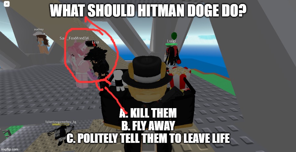 Look at the back of the doge and you'll see a rifle | WHAT SHOULD HITMAN DOGE DO? A. KILL THEM
B. FLY AWAY
C. POLITELY TELL THEM TO LEAVE LIFE | image tagged in choices | made w/ Imgflip meme maker