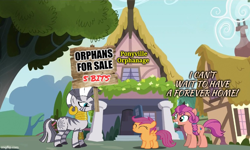 This explains a lot actually... | Ponyville Orphanage; ORPHANS FOR SALE; I CAN'T WAIT TO HAVE A FOREVER HOME! 5 BITS | image tagged in scootaloo,orphanage,mlp,zecora | made w/ Imgflip meme maker