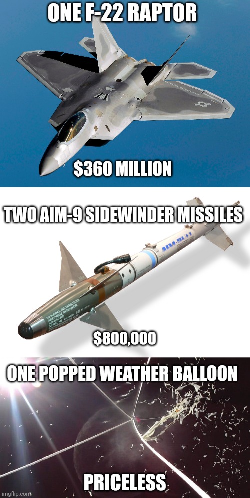 ONE F-22 RAPTOR; $360 MILLION; TWO AIM-9 SIDEWINDER MISSILES; $800,000; ONE POPPED WEATHER BALLOON; PRICELESS | made w/ Imgflip meme maker