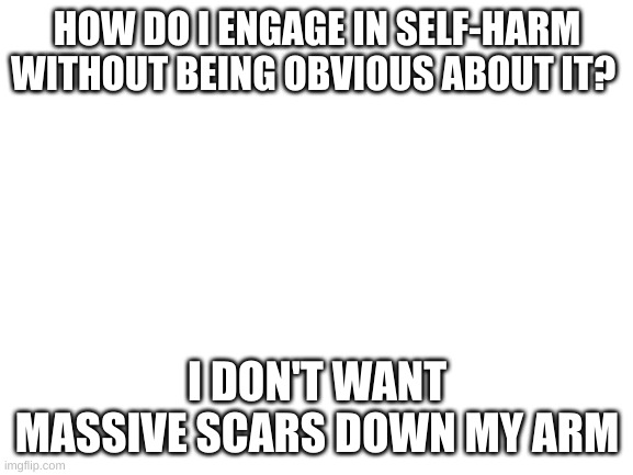 Blank White Template | HOW DO I ENGAGE IN SELF-HARM WITHOUT BEING OBVIOUS ABOUT IT? I DON'T WANT MASSIVE SCARS DOWN MY ARM | image tagged in blank white template | made w/ Imgflip meme maker