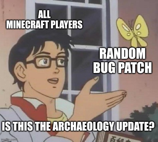 reeeeeeeee | ALL MINECRAFT PLAYERS; RANDOM BUG PATCH; IS THIS THE ARCHAEOLOGY UPDATE? | image tagged in memes,is this a pigeon | made w/ Imgflip meme maker