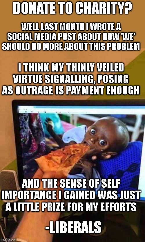 virtue signalling and the demand for everyone else to act is not a viable alternative to actually doing anything | DONATE TO CHARITY? WELL LAST MONTH I WROTE A SOCIAL MEDIA POST ABOUT HOW 'WE' SHOULD DO MORE ABOUT THIS PROBLEM; I THINK MY THINLY VEILED VIRTUE SIGNALLING, POSING AS OUTRAGE IS PAYMENT ENOUGH; AND THE SENSE OF SELF IMPORTANCE I GAINED WAS JUST A LITTLE PRIZE FOR MY EFFORTS; -LIBERALS | image tagged in charity | made w/ Imgflip meme maker