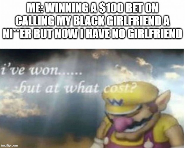 Was it worth the cheddar? | ME: WINNING A $100 BET ON CALLING MY BLACK GIRLFRIEND A NI**ER BUT NOW I HAVE NO GIRLFRIEND | image tagged in i won but at what cost | made w/ Imgflip meme maker