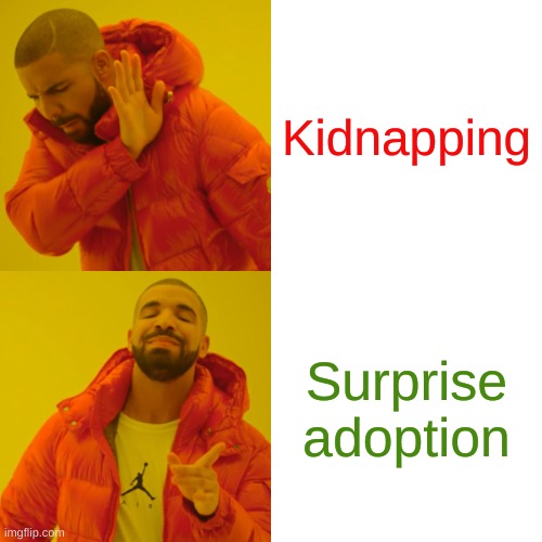 always look on the bright side of things | Kidnapping; Surprise adoption | image tagged in memes,drake hotline bling | made w/ Imgflip meme maker