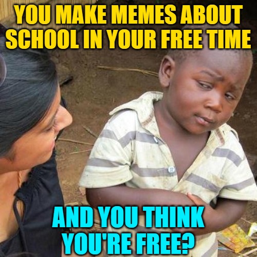 Third World Skeptical Kid Meme | YOU MAKE MEMES ABOUT SCHOOL IN YOUR FREE TIME AND YOU THINK YOU'RE FREE? | image tagged in memes,third world skeptical kid | made w/ Imgflip meme maker