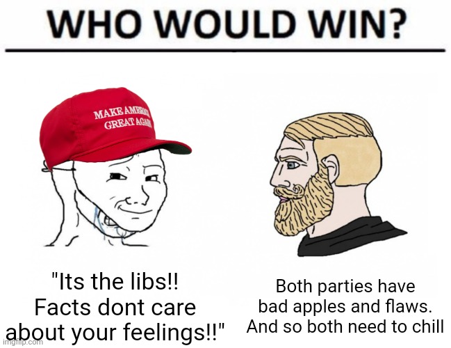 Who would win crying MAGA wojak vs. yes chad | "Its the libs!! Facts dont care about your feelings!!" Both parties have bad apples and flaws. And so both need to chill | image tagged in who would win crying maga wojak vs yes chad | made w/ Imgflip meme maker