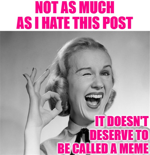 Woman winking | NOT AS MUCH AS I HATE THIS POST IT DOESN'T DESERVE TO BE CALLED A MEME | image tagged in woman winking | made w/ Imgflip meme maker